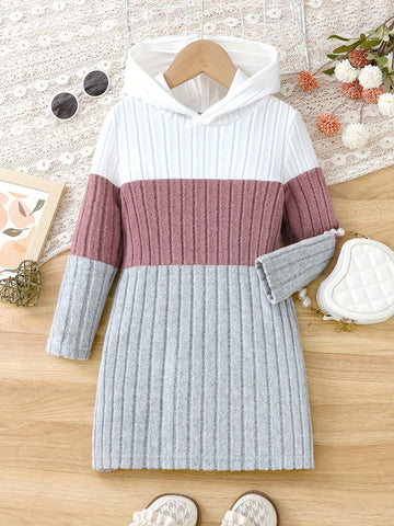 Casual Color Block Hooded Dress For Girls - Knitted Fabric Spring/Fall Long Sleeve Fitted Pullover With Slight Stretch - Polyester Blend Children's Hoodie Dress
