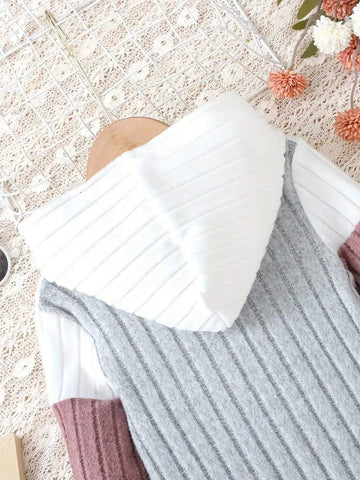 Casual Color Block Hooded Dress For Girls - Knitted Fabric Spring/Fall Long Sleeve Fitted Pullover With Slight Stretch - Polyester Blend Children's Hoodie Dress