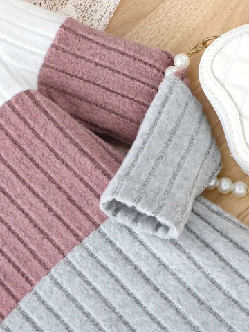 Casual Color Block Hooded Dress For Girls - Knitted Fabric Spring/Fall Long Sleeve Fitted Pullover With Slight Stretch - Polyester Blend Children's Hoodie Dress