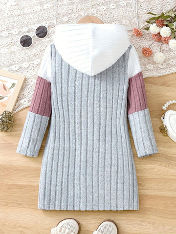 Casual Color Block Hooded Dress For Girls - Knitted Fabric Spring/Fall Long Sleeve Fitted Pullover With Slight Stretch - Polyester Blend Children's Hoodie Dress