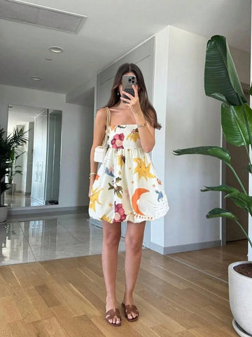 Casual Cute Vacation Floral Print Spaghetti Strap Camisole Ruffle Hem Dress