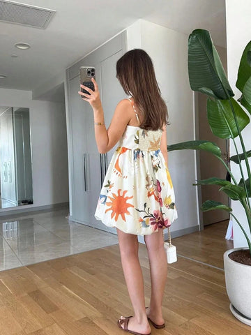 Casual Cute Vacation Floral Print Spaghetti Strap Camisole Ruffle Hem Dress