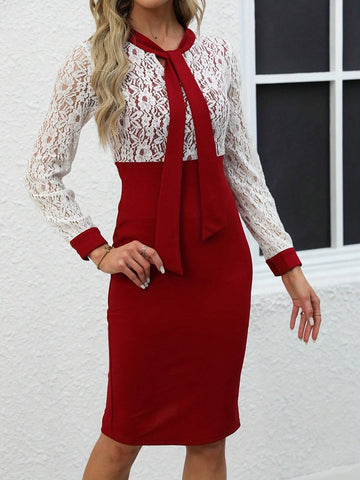 Casual Elegant Solid Bandage Hollow Out Patchwork One-Step Dress