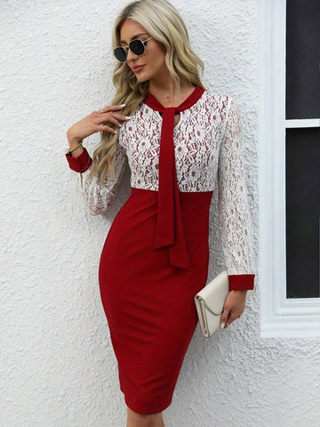 Casual Elegant Solid Bandage Hollow Out Patchwork One-Step Dress