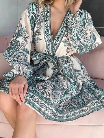 Casual Fashion Floral Print Lapel Long Sleeve Dress