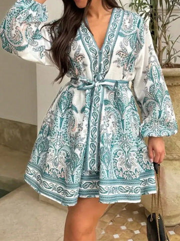 Casual Fashion Floral Print Lapel Long Sleeve Dress