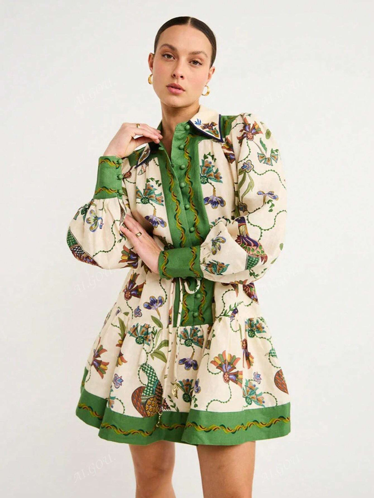 Casual Fashion Long Sleeve Printed Lapel Collar Dress