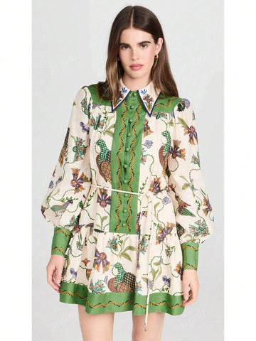 Casual Fashion Long Sleeve Printed Lapel Collar Dress