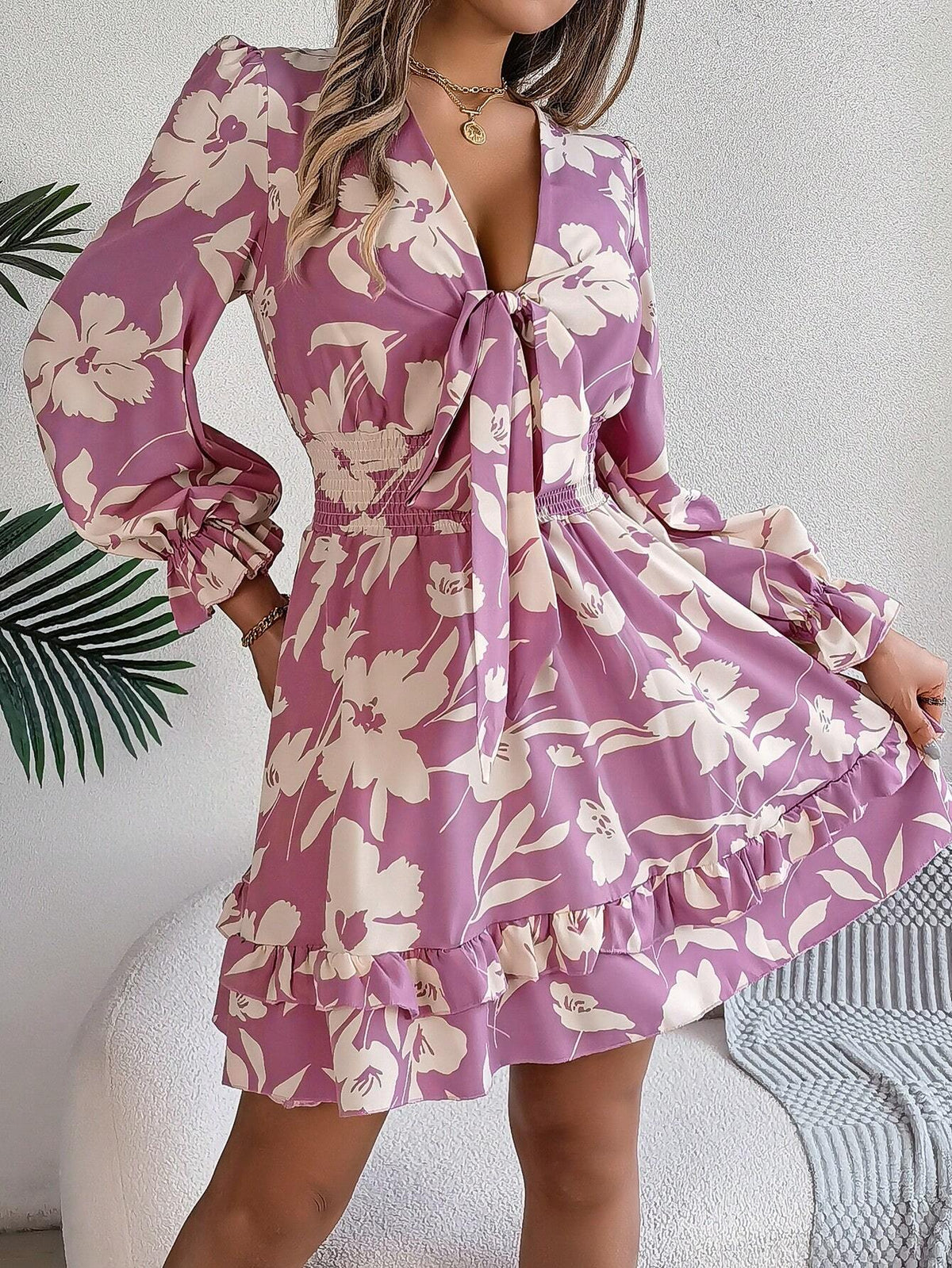 Casual Floral Print Cinched Waist Bowknot Swing Dress For Spring And Summer