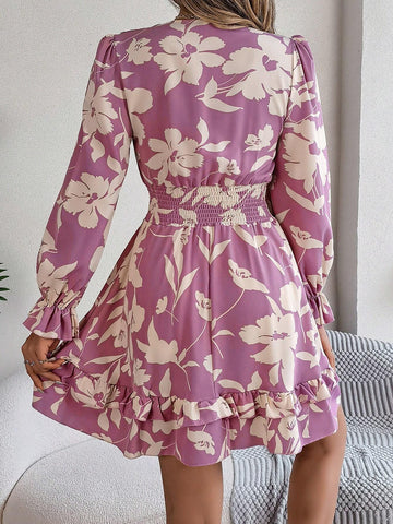 Casual Floral Print Cinched Waist Bowknot Swing Dress For Spring And Summer