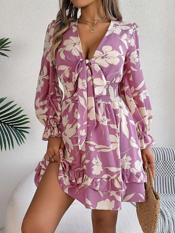 Casual Floral Print Cinched Waist Bowknot Swing Dress For Spring And Summer