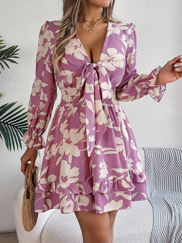 Casual Floral Print Cinched Waist Bowknot Swing Dress For Spring And Summer