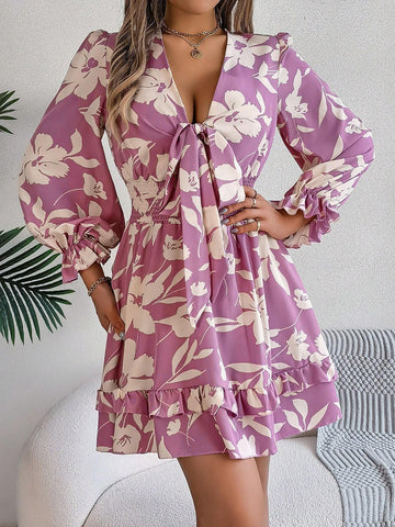 Casual Floral Print Cinched Waist Bowknot Swing Dress For Spring And Summer