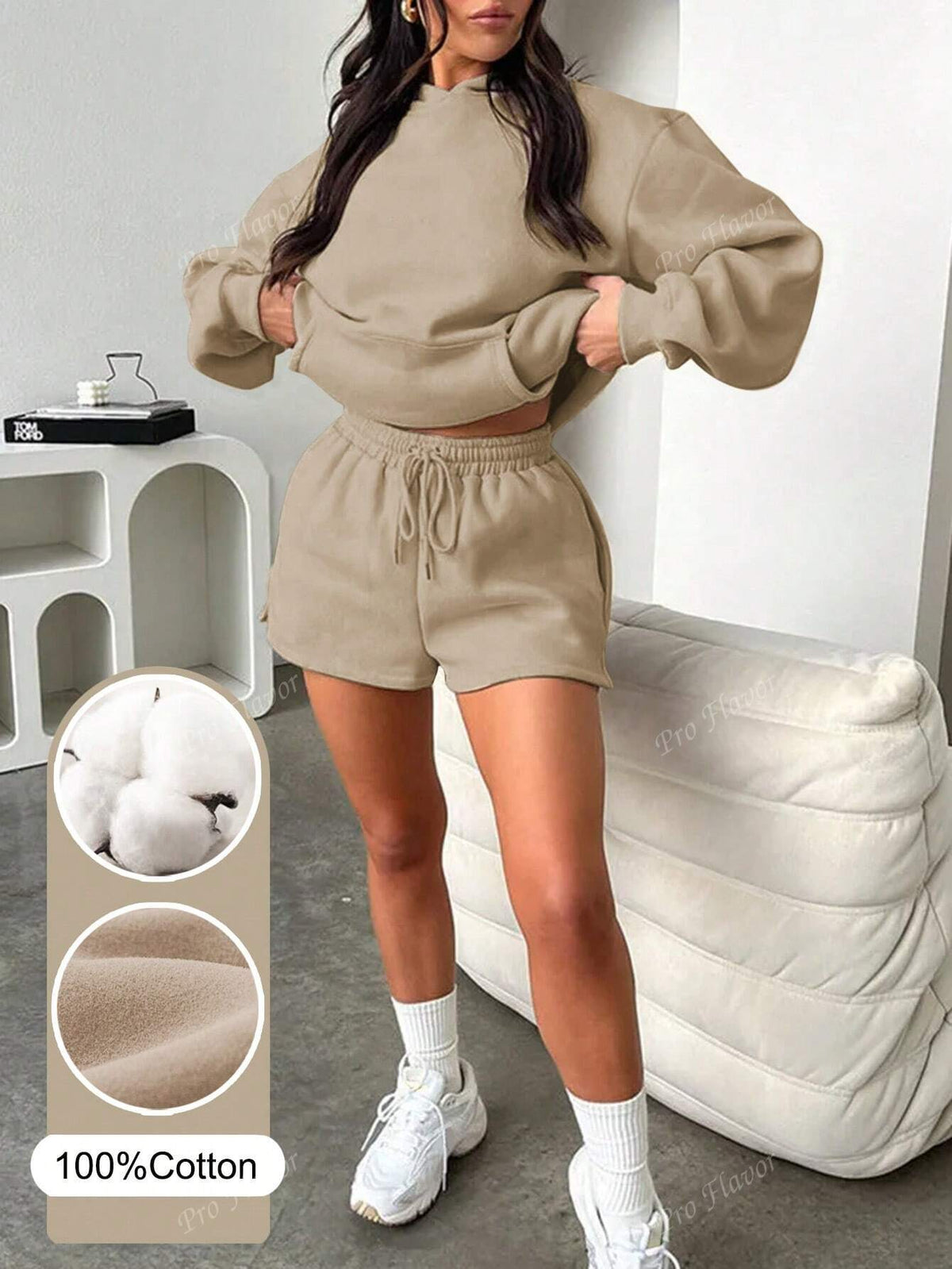 Casual Hooded Long Sleeve Shorts Printed Set