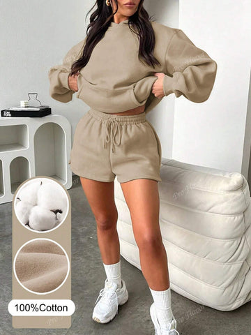 Casual Hooded Long Sleeve Shorts Printed Set