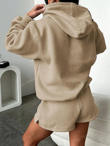 Casual Hooded Long Sleeve Shorts Printed Set