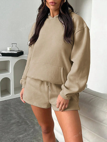 Casual Hooded Long Sleeve Shorts Printed Set