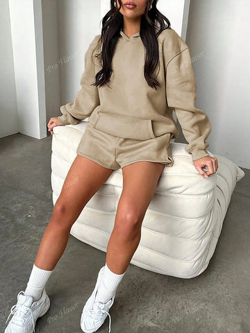 Casual Hooded Long Sleeve Shorts Printed Set