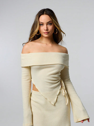 Casual Knitted Hollow Out Stripe Off-Shoulder Women Suit, Ladies Spring/Fall Sexy Drawstring, Rib-Knit, Ruched Long Sleeve Loose Black Flare Sleeve Tee Skirt Women Two-Piece Outfits, Casual Daily Wear