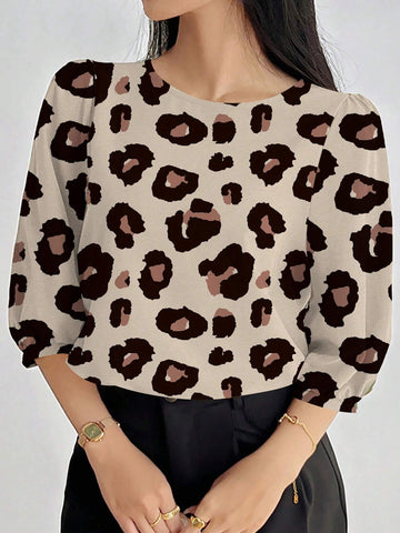 Casual Leopard Print Puff Sleeve Shirt For Autumn