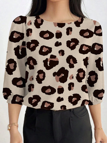 Casual Leopard Print Puff Sleeve Shirt For Autumn