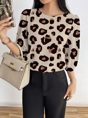 Casual Leopard Print Puff Sleeve Shirt For Autumn