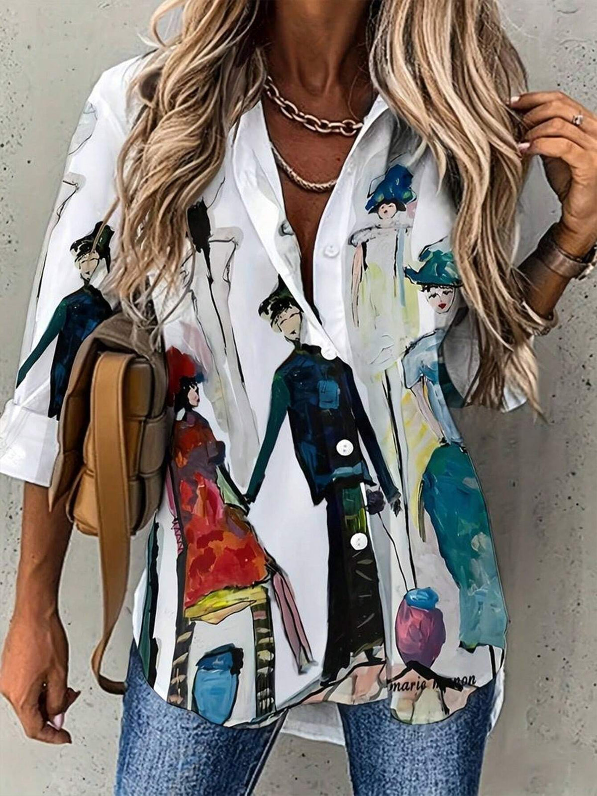 Casual Long Sleeve Shirt For Spring & Fall,Figure Print Single Button Lapel Collar Shirt, Women's Clothing