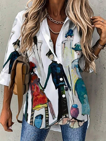 Casual Long Sleeve Shirt For Spring & Fall,Figure Print Single Button Lapel Collar Shirt, Women's Clothing