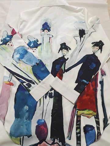 Casual Long Sleeve Shirt For Spring & Fall,Figure Print Single Button Lapel Collar Shirt, Women's Clothing