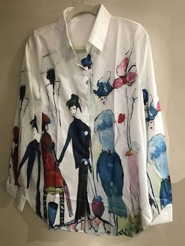 Casual Long Sleeve Shirt For Spring & Fall,Figure Print Single Button Lapel Collar Shirt, Women's Clothing
