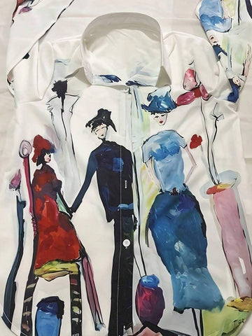 Casual Long Sleeve Shirt For Spring & Fall,Figure Print Single Button Lapel Collar Shirt, Women's Clothing