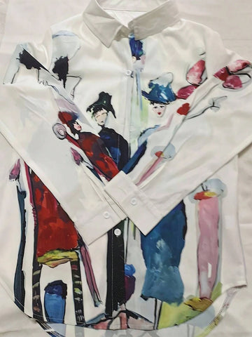 Casual Long Sleeve Shirt For Spring & Fall,Figure Print Single Button Lapel Collar Shirt, Women's Clothing