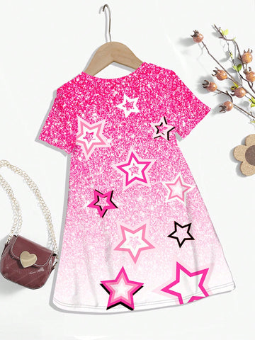 Casual Minimalist Cartoon Girl, Star, Ombre Glitter Print Short Sleeve Mid-Length Dress, Suitable For Summer