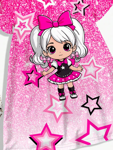 Casual Minimalist Cartoon Girl, Star, Ombre Glitter Print Short Sleeve Mid-Length Dress, Suitable For Summer