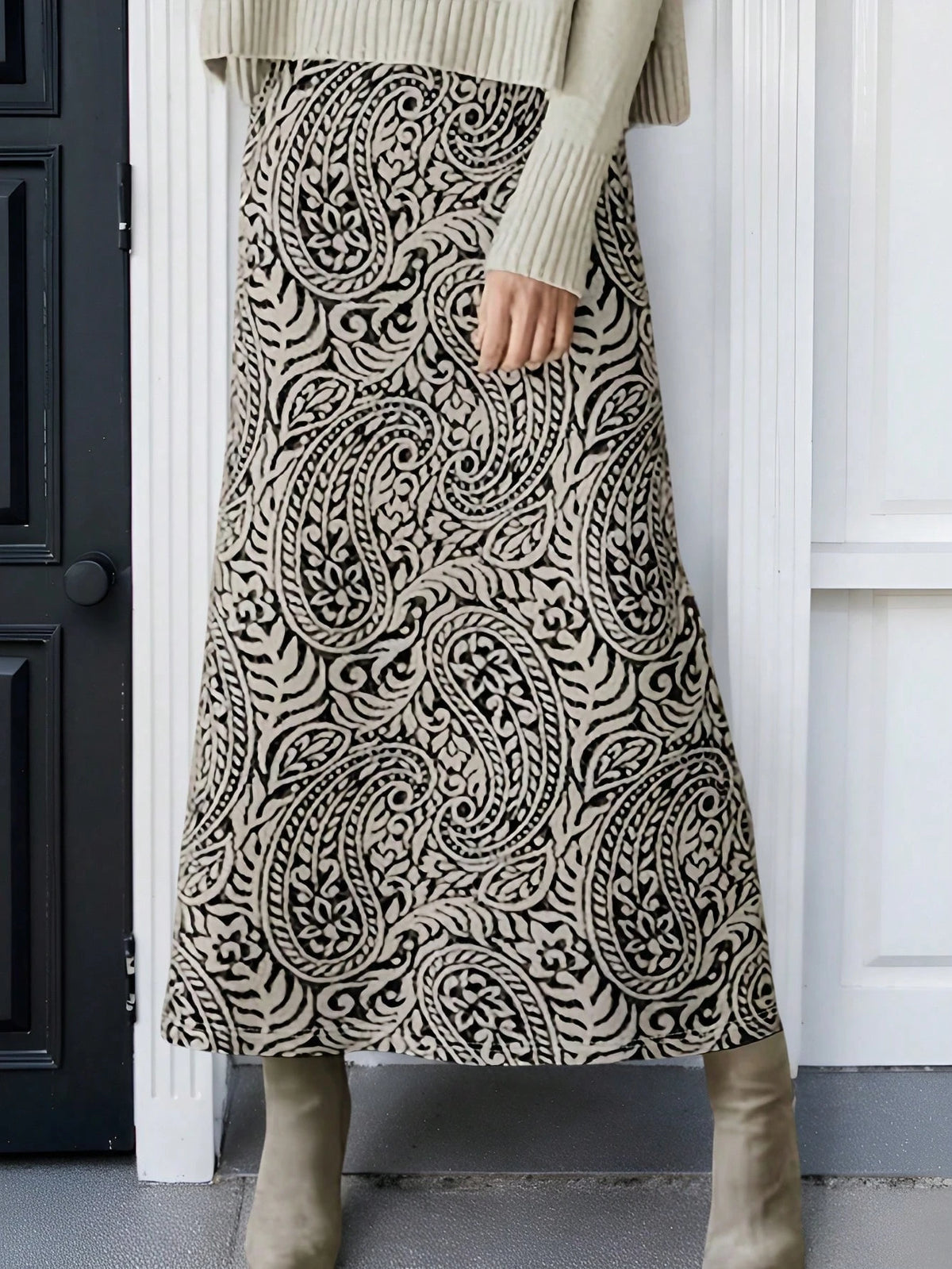 Casual Paisley Flower Pattern Long Skirt, Autumn