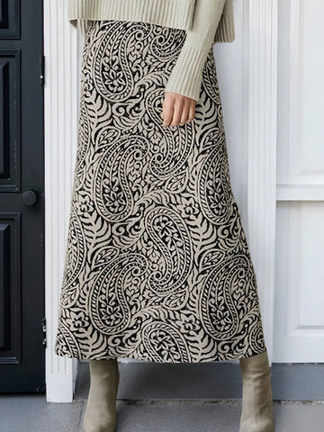 Casual Paisley Flower Pattern Long Skirt, Autumn