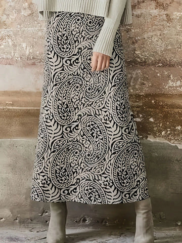 Casual Paisley Flower Pattern Long Skirt, Autumn