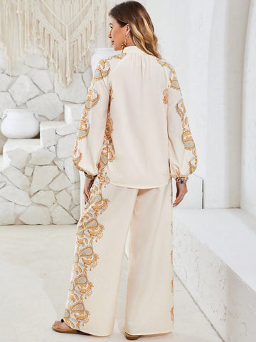 Casual Paisley Pattern Women's Lantern Sleeve Shirt And Pants Two-Piece Set