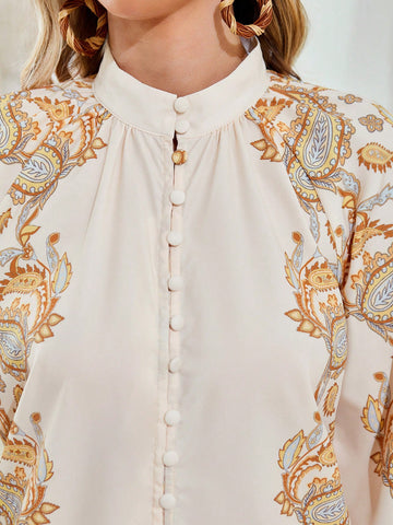 Casual Paisley Pattern Women's Lantern Sleeve Shirt And Pants Two-Piece Set