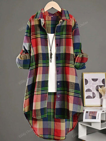 Casual Plaid Mid-Length Asymmetric Hem Shirt, Autumn