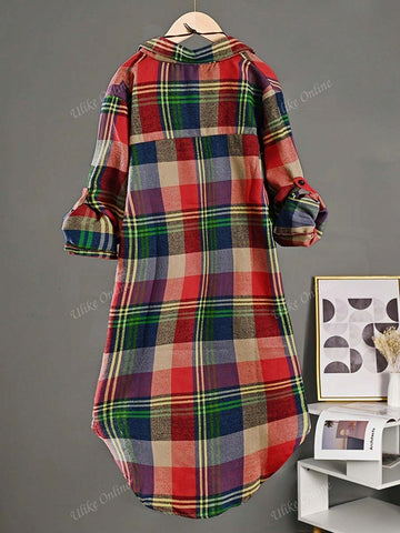 Casual Plaid Mid-Length Asymmetric Hem Shirt, Autumn