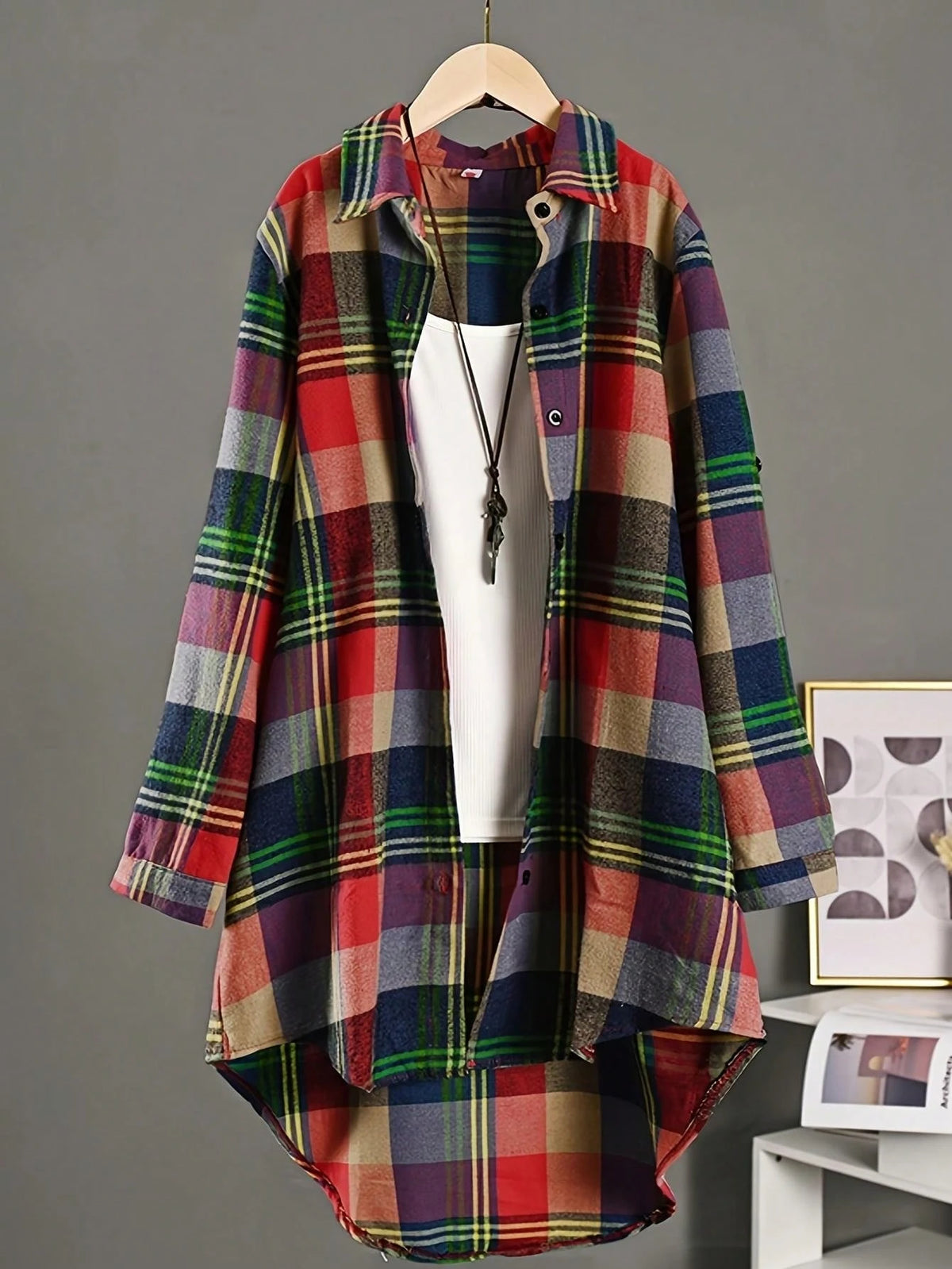 Casual Plaid Mid-Length Asymmetric Hem Shirt, Autumn