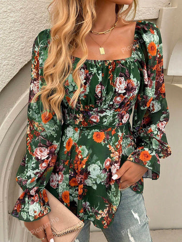 Casual Printed Long Sleeve Top With Cinched Waist