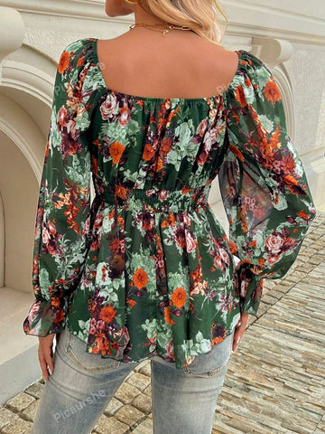 Casual Printed Long Sleeve Top With Cinched Waist
