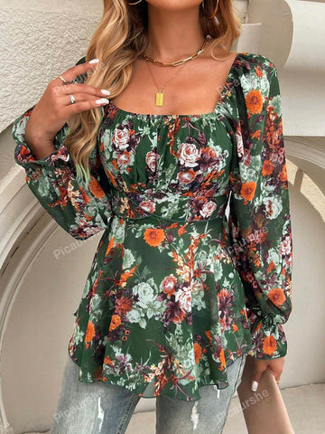 Casual Printed Long Sleeve Top With Cinched Waist