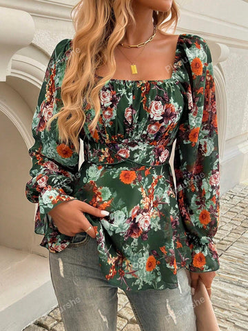 Casual Printed Long Sleeve Top With Cinched Waist