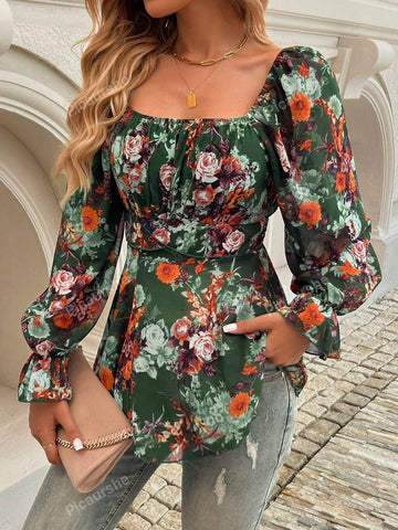 Casual Printed Long Sleeve Top With Cinched Waist