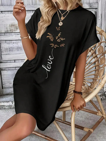 Casual Round Neck Short Sleeve Butterfly & Letter Print Dress With Pocket, Spring/Summer, Women