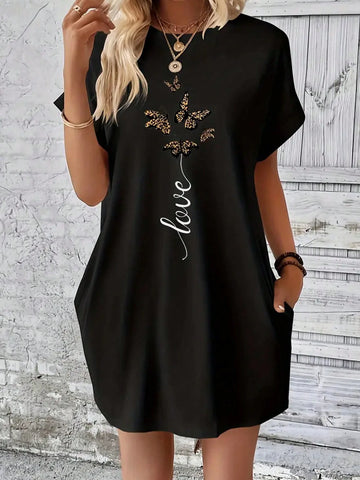 Casual Round Neck Short Sleeve Butterfly & Letter Print Dress With Pocket, Spring/Summer, Women