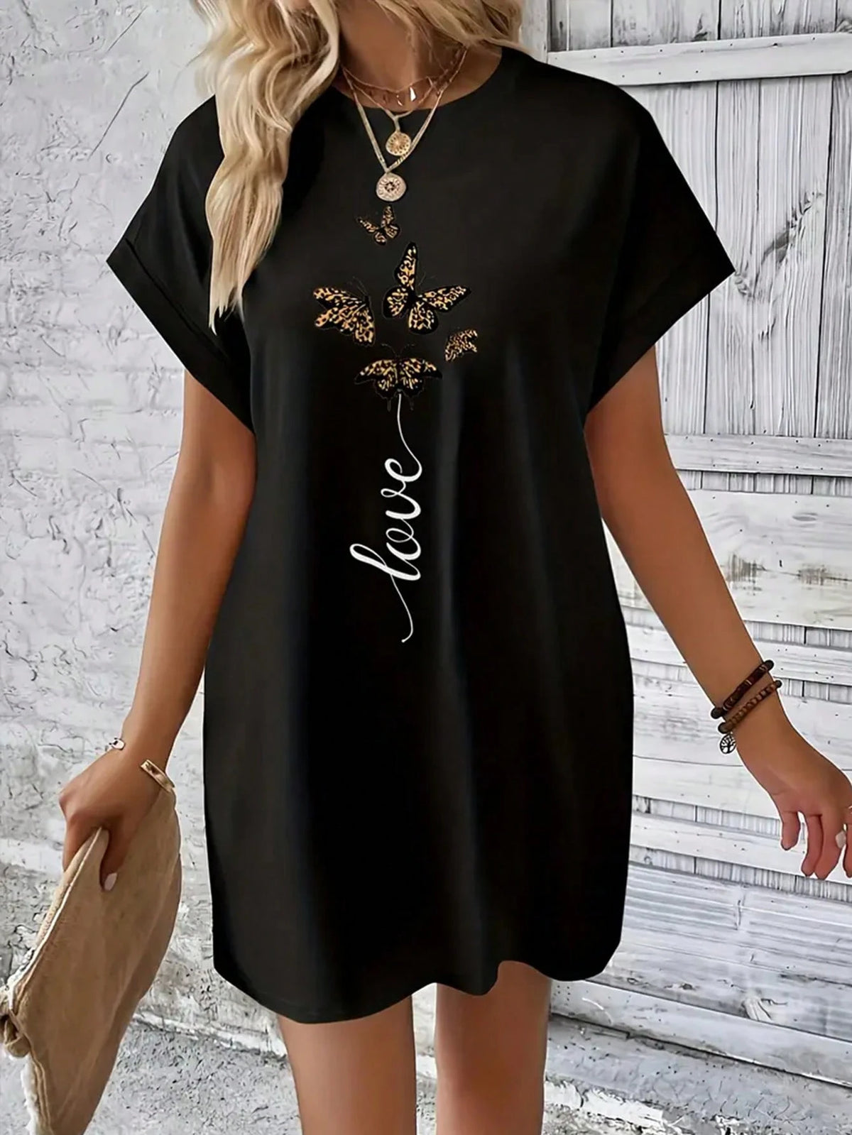 Casual Round Neck Short Sleeve Butterfly & Letter Print Dress With Pocket, Spring/Summer, Women